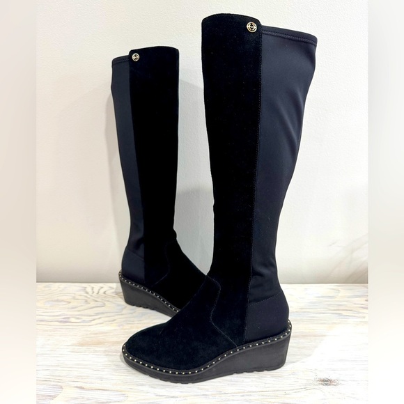 Cecilia New York Black Suede Gerber Wedge Knee High Boot Studded Size 7.5 - Picture 1 of 16